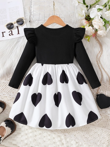 Toddler Girls Long Sleeve Dress Sweet Heart Pattern Patchwork Princess Dresses With Ruffles Bow For Autumn Kids Clothing