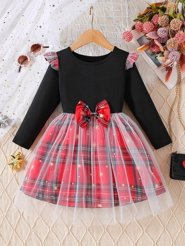 Toddler Girl Long Sleeve Plaid Tulle Dress With Bowknot Gold Star Pattern Ruffle Shoulder Princess Gown Christmas Party Outfit