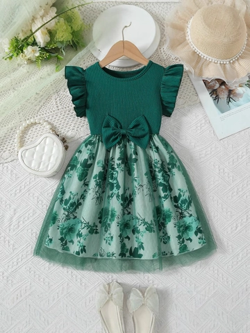 Mädchen Sommer Flügelärmel Falsches Zweiteiliges Kleid Süße Schleife Schmetterling Blumenmuster Netz Tüll Spleißen Prinzessinnenkleid Für Kinder