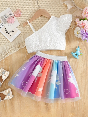 Completo Due Pezzi Bimba Top Spalle Scoperte E Gonna In Tulle Arcobaleno Con Stampa Unicorno Moda Estiva