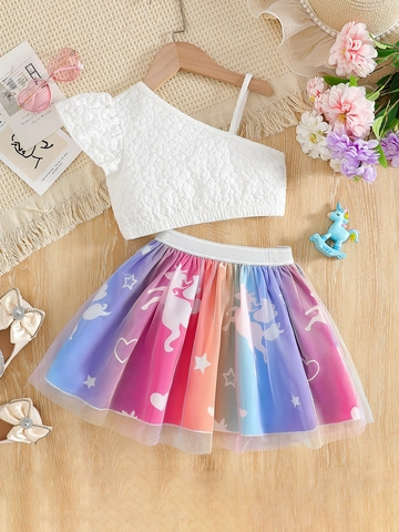 Completo Due Pezzi Bimba Top Spalle Scoperte E Gonna In Tulle Arcobaleno Con Stampa Unicorno Moda Estiva