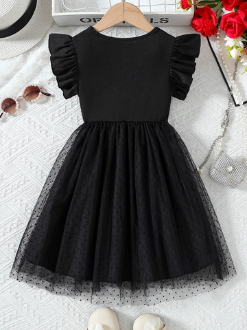 Girls Black Dress Ribbed Knit Polka Dot Mesh Tulle Ruffle Flutter Sleeve Princess Summer Elegant Fashion