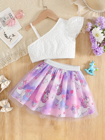 Girls One Shoulder Ruffle Cotton Top And Unicorn Print Mesh Tutu Skirt Summer Princess Clothing