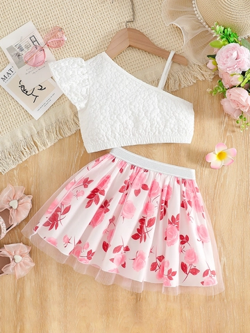 Girls Summer One Shoulder Bubble Texture Top And Rose Floral Print Mesh Tulle Skirt Sweet Princess Clothing Outfit
