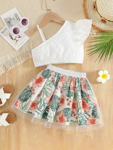 Girls Summer Outfit White One Shoulder Popcorn Texture Ruffle Top Tropical Floral Print Mesh Overlay Skirt Kids Vacation Clothes