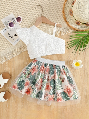 Girls Summer Outfit White One Shoulder Popcorn Texture Ruffle Top Tropical Floral Print Mesh Overlay Skirt Kids Vacation Clothes