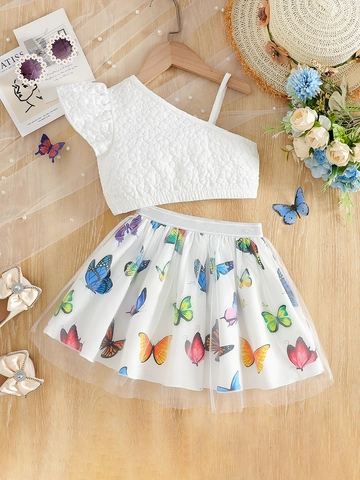 Conjunto de Ropa de Verano para Niñas Top de un Hombro con Textura de Burbujas y Falda de Malla con Estampado de Mariposa Blanco