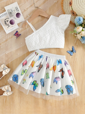 Conjunto de Ropa de Verano para Niñas Top de un Hombro con Textura de Burbujas y Falda de Malla con Estampado de Mariposa Blanco
