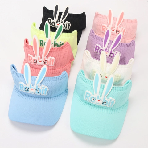 Kids Sun Visor Hat Knitted Polyester Summer Outdoor Beach UV Protection 3D Rabbit Ears Cartoon Cute Empty Top Cap Children