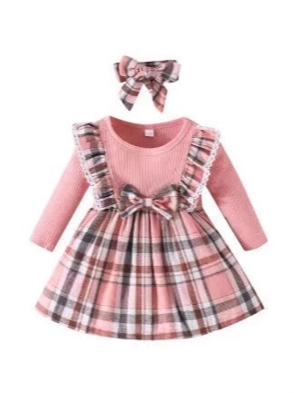 Girls Christmas Long Sleeve Plaid Dress Set With Lace Trim Bow Toddler Infant Princess Dress Red Pink Holiday Party Clothing