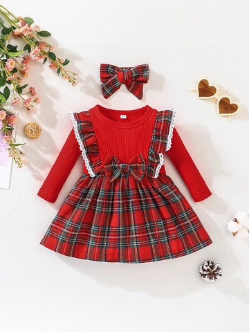 Girls Christmas Long Sleeve Plaid Dress Set With Lace Trim Bow Toddler Infant Princess Dress Red Pink Holiday Party Clothing