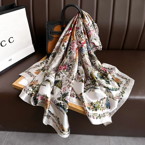 Sciarpa Lunga In Raso Floreale Da Donna Scialle In Raso Artificiale Leggera Protezione Solare Elegante Stampa Di Fiori Gru
