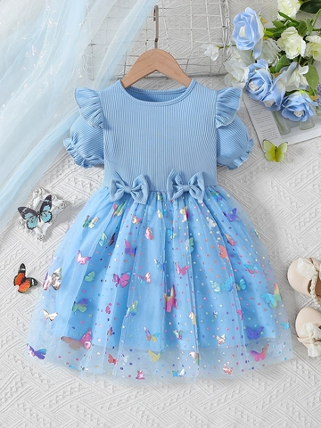 Toddler Girls Summer Dress Cotton Ribbed Knit Mesh Patchwork Butterfly Print Colorful Sequins Flutter Sleeve Bow Sweet