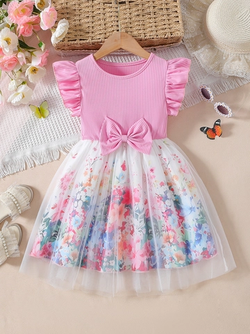 Girls Dress Summer Flutter Sleeve Cotton Ribbed Top Floral Mesh Patchwork Princess Style With Bow Decor