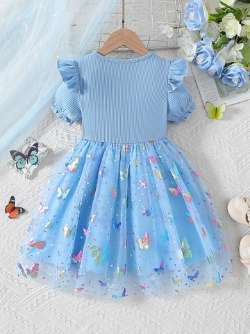 Toddler Girls Summer Dress Cotton Ribbed Knit Mesh Patchwork Butterfly Print Colorful Sequins Flutter Sleeve Bow Sweet