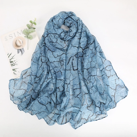 Women Long Scarf Shawl Polyester Voile Thin Sun Protection Beach Wrap Artistic Cracked Marble Pattern Print