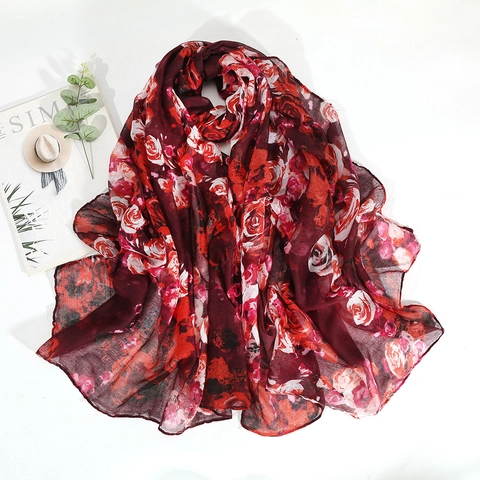 Grande Sciarpa Scialle Con Stampa Floreale Donna Voile Poliestere Leggero Traspirante Solare Vintage Elegante