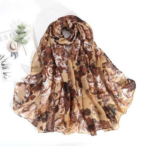 Grande Sciarpa Scialle Con Stampa Floreale Donna Voile Poliestere Leggero Traspirante Solare Vintage Elegante
