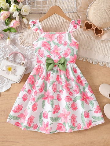 Girls Summer Floral Dress Cotton Blend Sleeveless Ruffle Suspender Princess Dress With Bow For Kids Sweet Casual Clothing