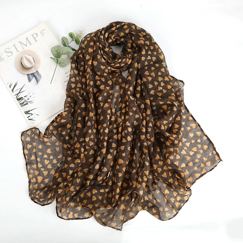 Heart Print Scarf Long Voile Shawl Lightweight Breathable Polyester Wrap For Women Fashion Neck Accessories