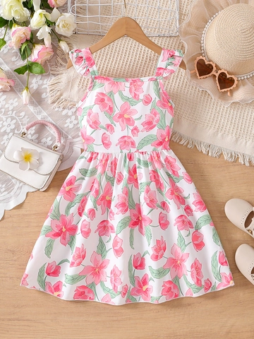 Girls Summer Floral Dress Cotton Blend Sleeveless Ruffle Suspender Princess Dress With Bow For Kids Sweet Casual Clothing