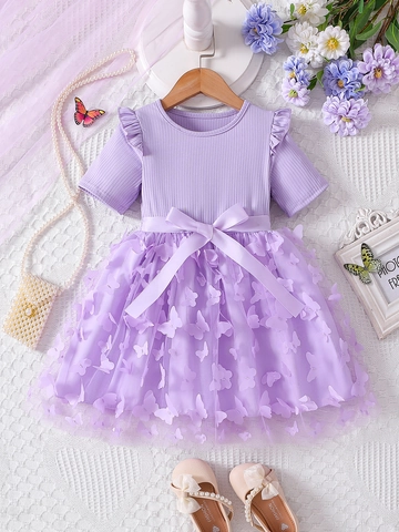 Girls Summer Short Sleeve Dress Cotton Ribbed Knit 3D Butterfly Mesh Tulle Princess Party Birthday For Toddler Kids
