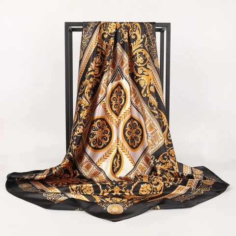 Baroque Floral Print Square Scarf Satin Polyester Satin Like Retro Headscarf Large Elegant Hair Scarf Wrap For Women