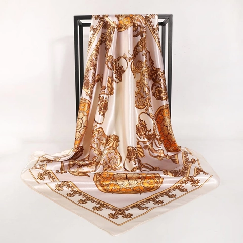 Women Square Scarf Baroque Retro Vintage Print Polyester Satin Satin Like Head Wrap Sun Protection Shawl Decorative Neck Tie