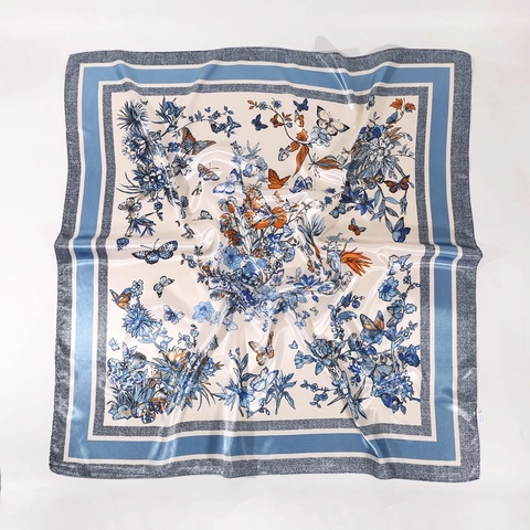 Elegant Butterfly Floral Print Square Scarf Satin Polyester Large Headscarf Shawl Sun Protection For Women
