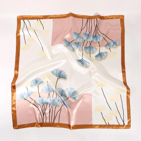 Elegant Square Scarf Satin Polyester Ginkgo Leaf Print Floral Headband Sun Protection Shawl For Women Sweet Style Wrap