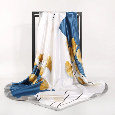 Elegant Square Scarf Satin Polyester Ginkgo Leaf Print Floral Headband Sun Protection Shawl For Women Sweet Style Wrap