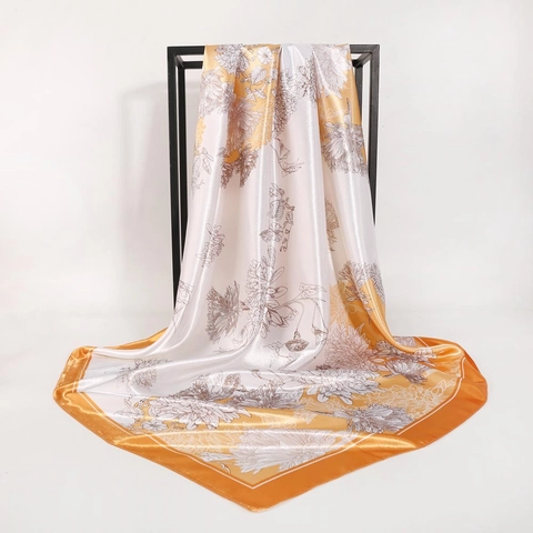 Elegant Floral Print Satin Polyester Square Scarf Women Satiny Headscarf Decorative Shawl Accessory Sweet Style
