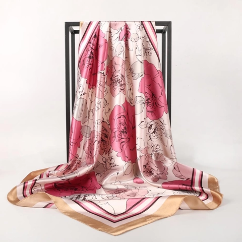 Rose Print Square Scarf Satin Polyester Satiny Large Sunscreen Shawl Elegant French Style Women Mother Gift Accessories