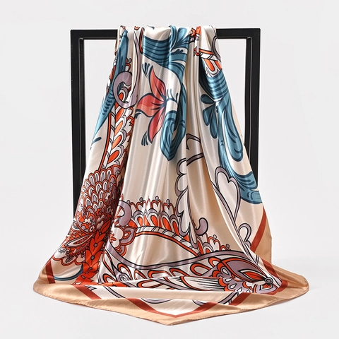 Women Casual Paisley Floral Print Satin Square Scarf Vintage Ethnic Headscarf Large Lightweight Shawl Hair Accessory