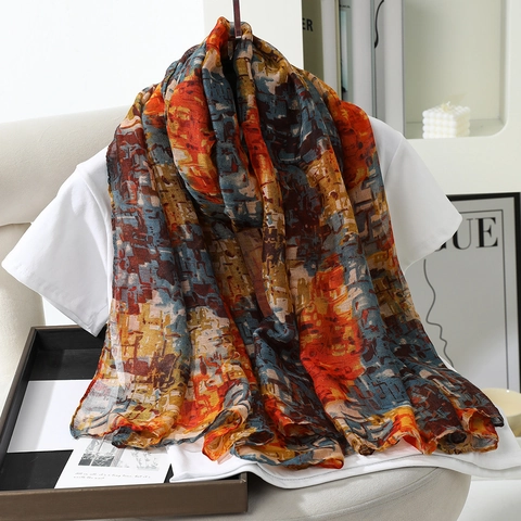 Women Long Scarf Shawl Polyester Voile Abstract Graffiti Print Lightweight Breathable Sun Protection Fashion Decorative