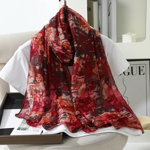 Women Long Scarf Shawl Polyester Voile Abstract Graffiti Print Lightweight Breathable Sun Protection Fashion Decorative