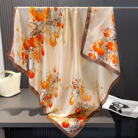 Elegant Satin Satin Square Scarf Floral Persimmon Print Sun Protection Shawl Versatile Fashion Hijab For Women