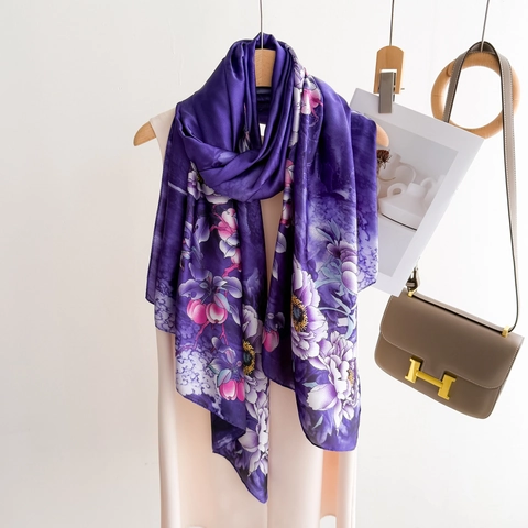 Elegant Faux Satin Satin Scarf For Women Purple Floral Peony Bird Print Long Lightweight Wrap Shawl Accessory