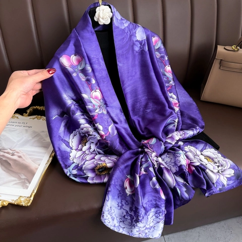 Elegant Faux Satin Satin Scarf For Women Purple Floral Peony Bird Print Long Lightweight Wrap Shawl Accessory