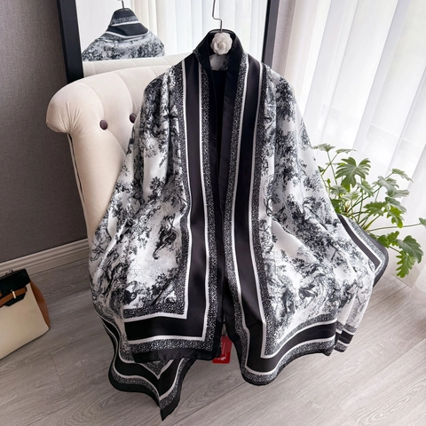 Bufanda Larga Con Estampado Toile De Jouy Para Mujer Chal De Satén De Satén Sintética Vintage Floral Selva Animal Protección Solar