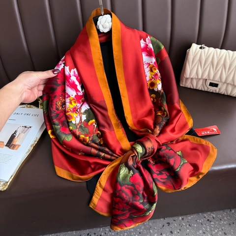 Long Scarf Shawl Artificial Satin Satin Peony Flower Print Chinese Style Elegant Sun Protection Beach Wrap For Women