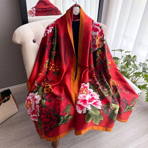Long Scarf Shawl Artificial Satin Satin Peony Flower Print Chinese Style Elegant Sun Protection Beach Wrap For Women