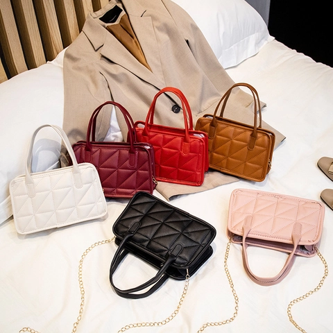 Women's PU Leather Quilted Diamond Pattern Handbag Small Pillow Bag With Gold Chain Strap And Double Handles Fashion Crossbody Bag