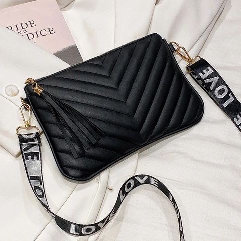Women Quilted Crossbody Bag PU Leather Chevron Pattern Tassel Shoulder Bag With LOVE Letter Print Wide Webbing Strap