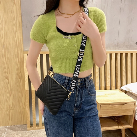 Women Quilted Crossbody Bag PU Leather Chevron Pattern Tassel Shoulder Bag With LOVE Letter Print Wide Webbing Strap