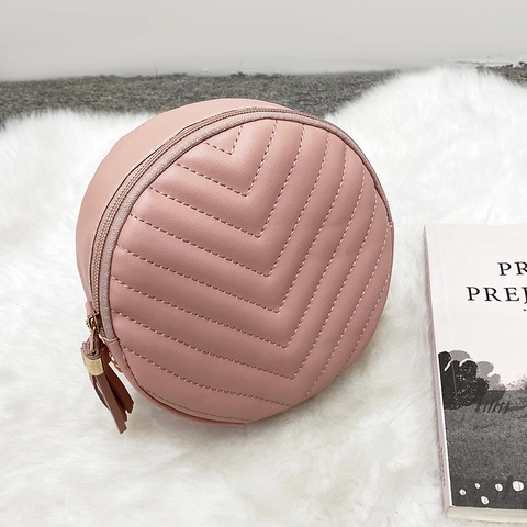 Borsa Tracolla Rotonda Da Donna Trapuntata Chevron Pelle PU Catena Borsa A Spalla Con Nappa Piccola Borsa Circolare