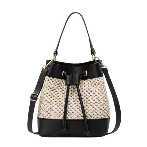 Mode Stro Geweven Emmertas Dames Splicing PU Leer Trekkoord Schouder Crossbody Handtas Zomer Strand Vakantie