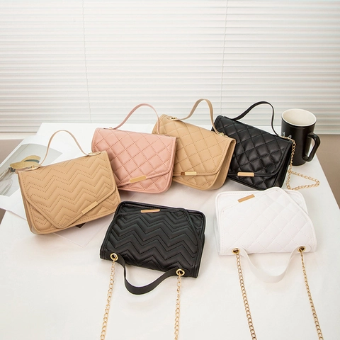 Fashion Women Quilted Crossbody Bag PU Leather Diamond V-Shape Pattern Golden Chain Strap Top Handle Square Handbag