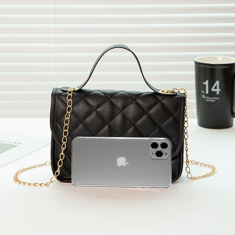 Fashion Women Quilted Crossbody Bag PU Leather Diamond V-Shape Pattern Golden Chain Strap Top Handle Square Handbag