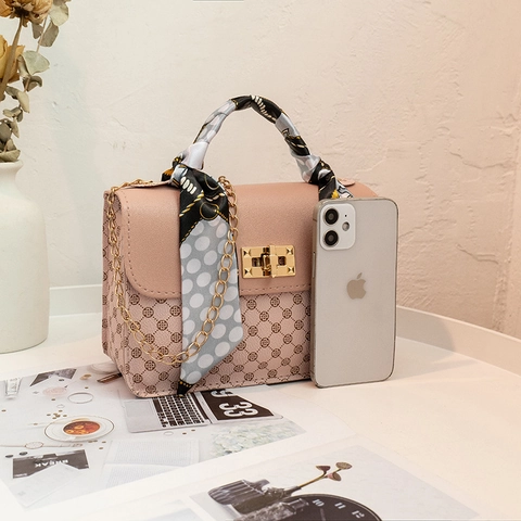 Vintage Monogram Women Small Square Bag With Scarf Wrapped Handle And Gold Chain PU Leather Crossbody Handbag Fashion Bag